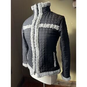 Athleta Black Quilted Fur Trim Full Zip Jacket Size Small
